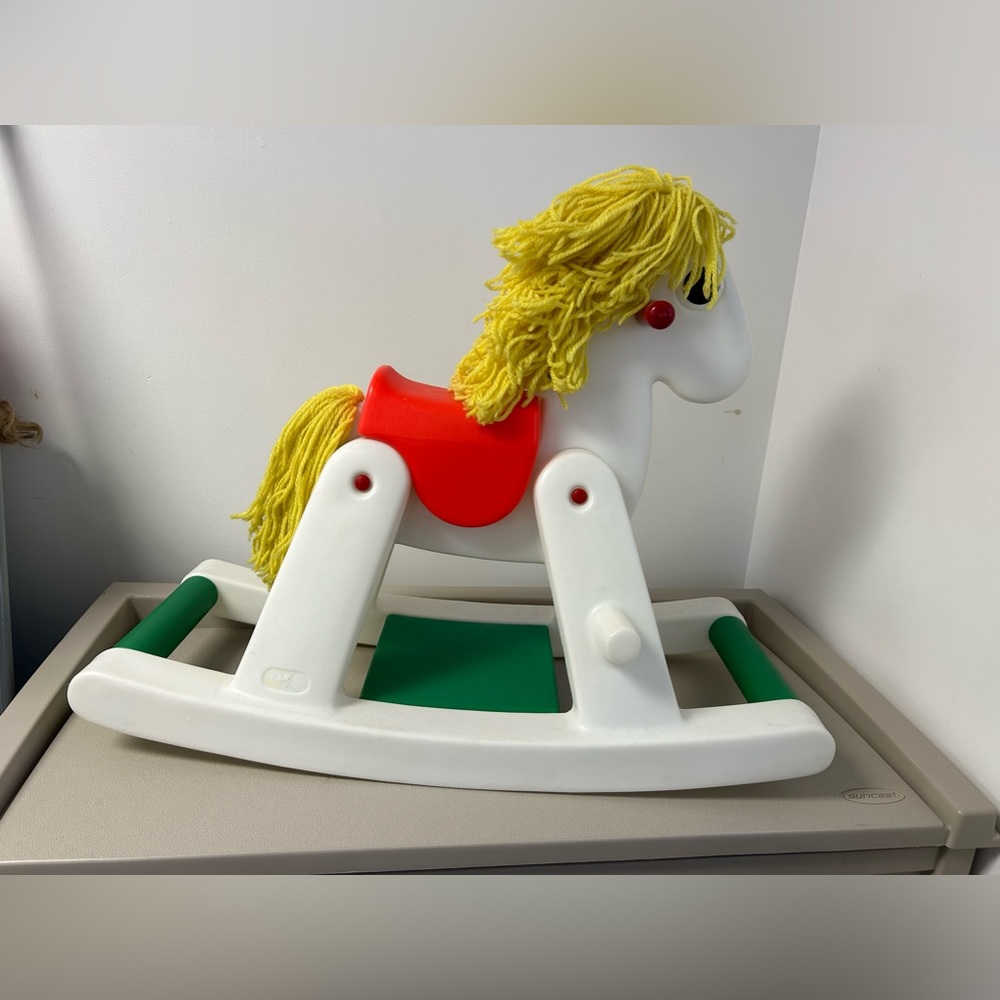 Vintage RARE Little Tikes Plastic Rocking Horse w/ Yellow Yarn Mane